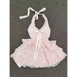 Japanese Pink Sweet Y2K Bow Elegant Dress Woman Kawaii Lolita Polka Dots Design Dress Female Korea Fashion Chic Outfits Summer