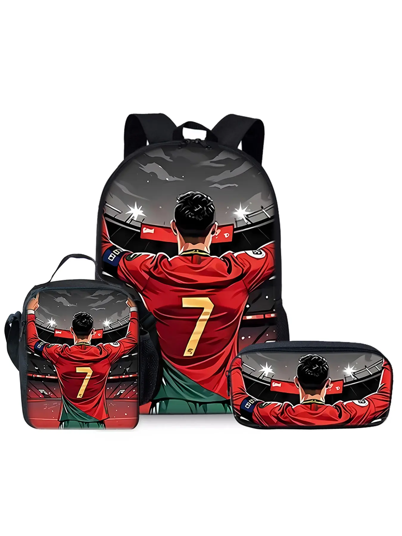 Football-Themed Print 17-Inch School Backpack 3-Piece Set (Single-Layer Backpack + Shoulder Strap Lunch Bag + Single-Layer Pencil Bag)