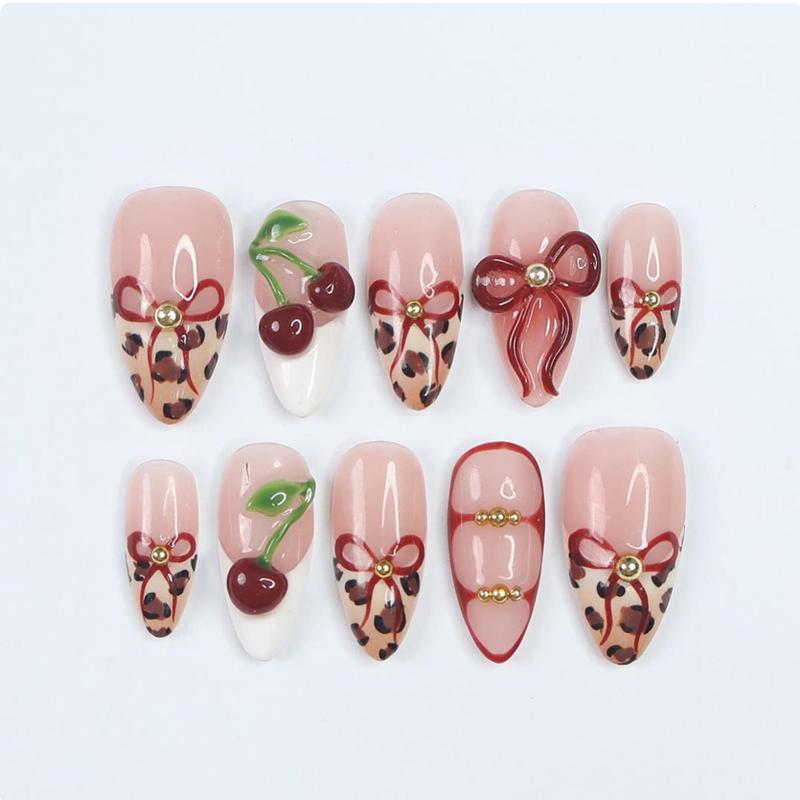 Press On Nails Wild Cherry Leopard | 3D Bow & Cherry Accents in Medium Almond | Handmade Bold Nail Art for Holiday, Party, Birthday