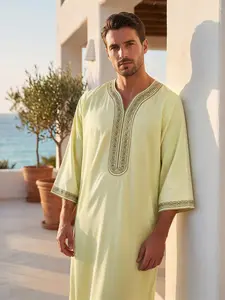 Moroccan Traditional Men's V-Neck Long Robe, Geometric Embroidery, Cool Daily Wear, Eid Al Adha Festival Costume, Perfect Gift