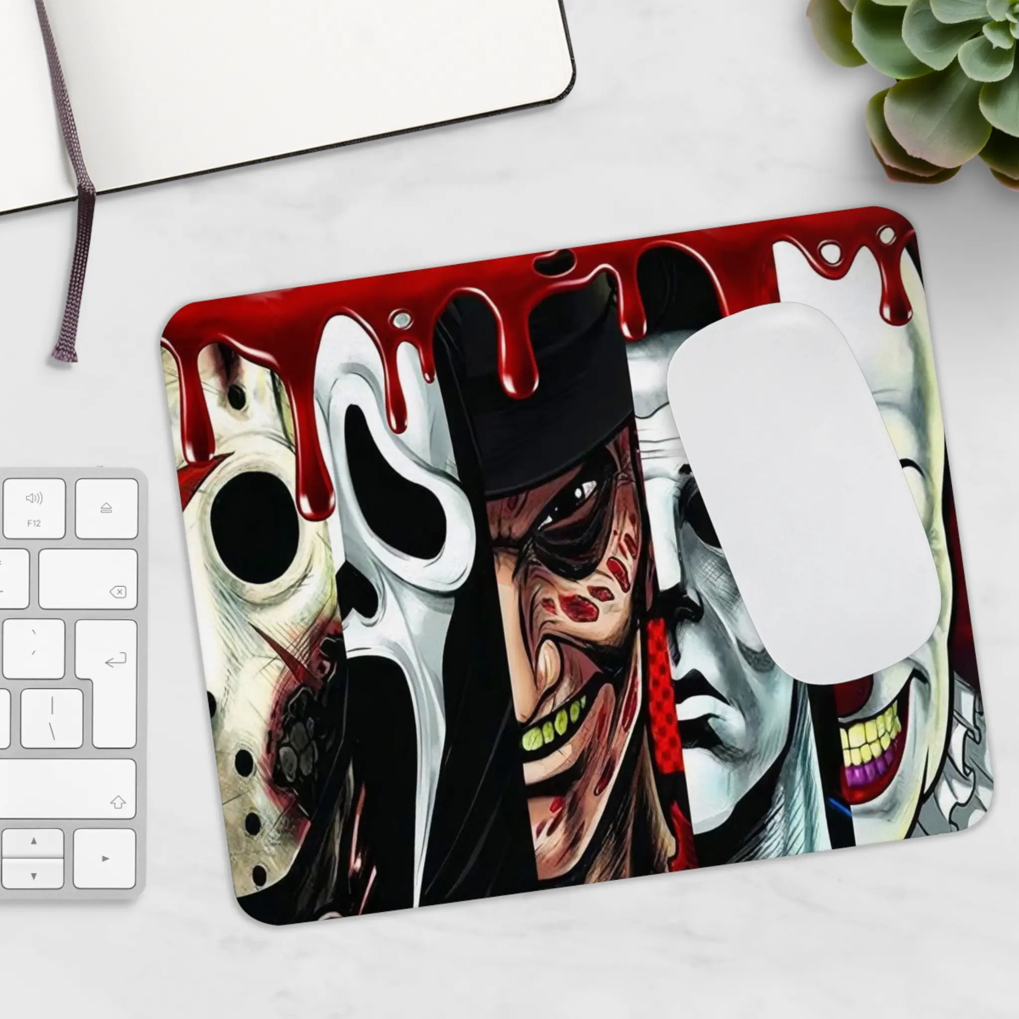 Halloween Horror Gaming Mousepad - Spooky Look Printed Art with Michael Myers, Ghost Face, Graveyard, Blood Splatter, Includes Knives - Computer Accessory for Office & Gaming Use