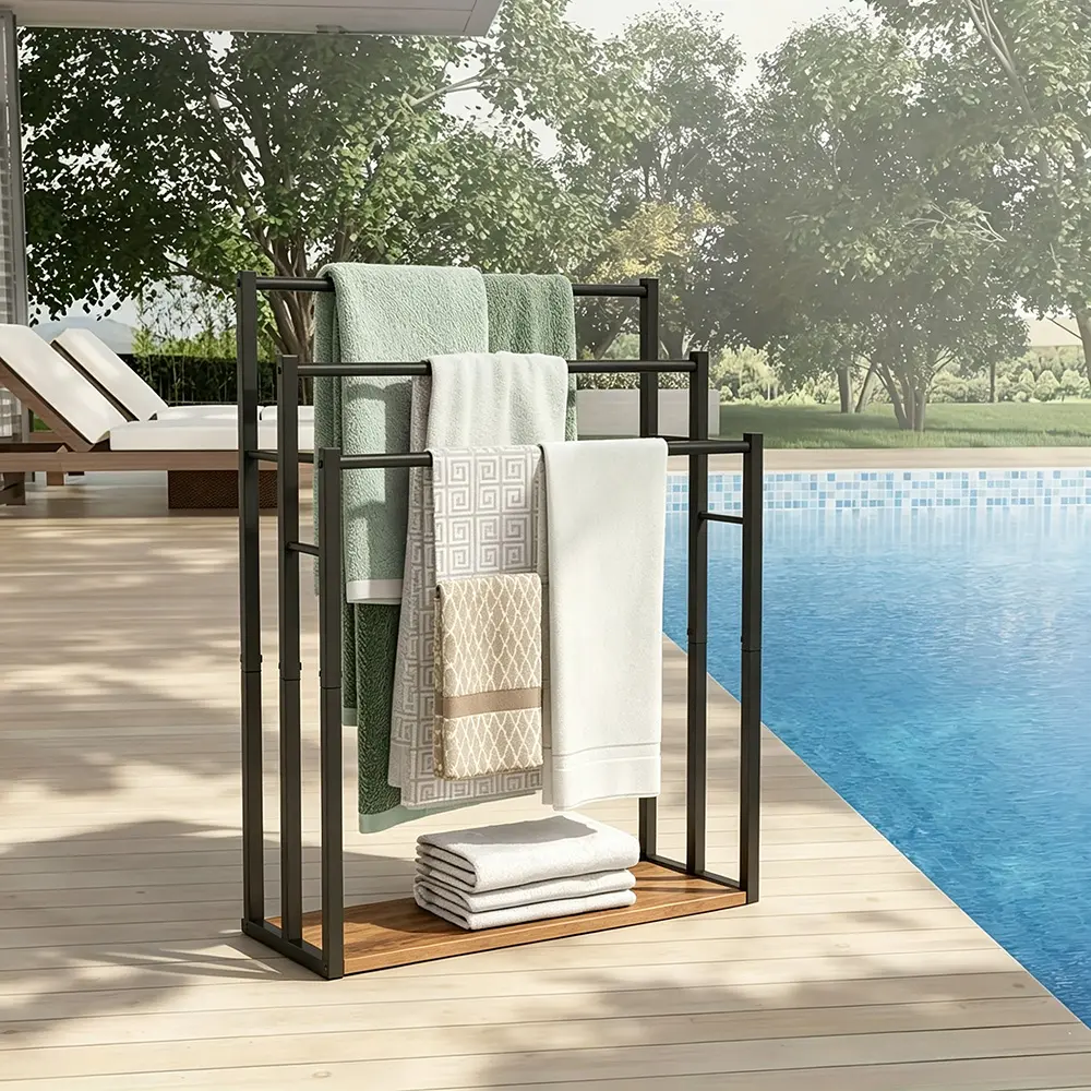 Minimalist And Durable Towel Rack, Freestanding Metal Bathtub Rack, Outdoor Pool Towel Rack, 3-tier Bathroom And Pool Storage Rack, 47.2-inch-high Storage Rack, Suitable For Bathrooms, Pools, And Gyms, Black