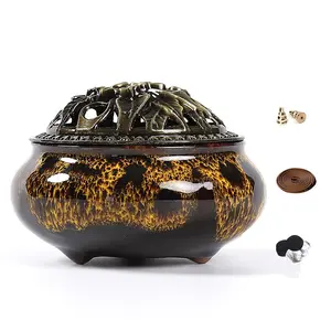 Ceramic Incense Burner with Incense Stick Holder + Insulation use for Stick or Coil Incense, Sage Cones and Frankincense (Fambe Yellow) Fragrance Scent