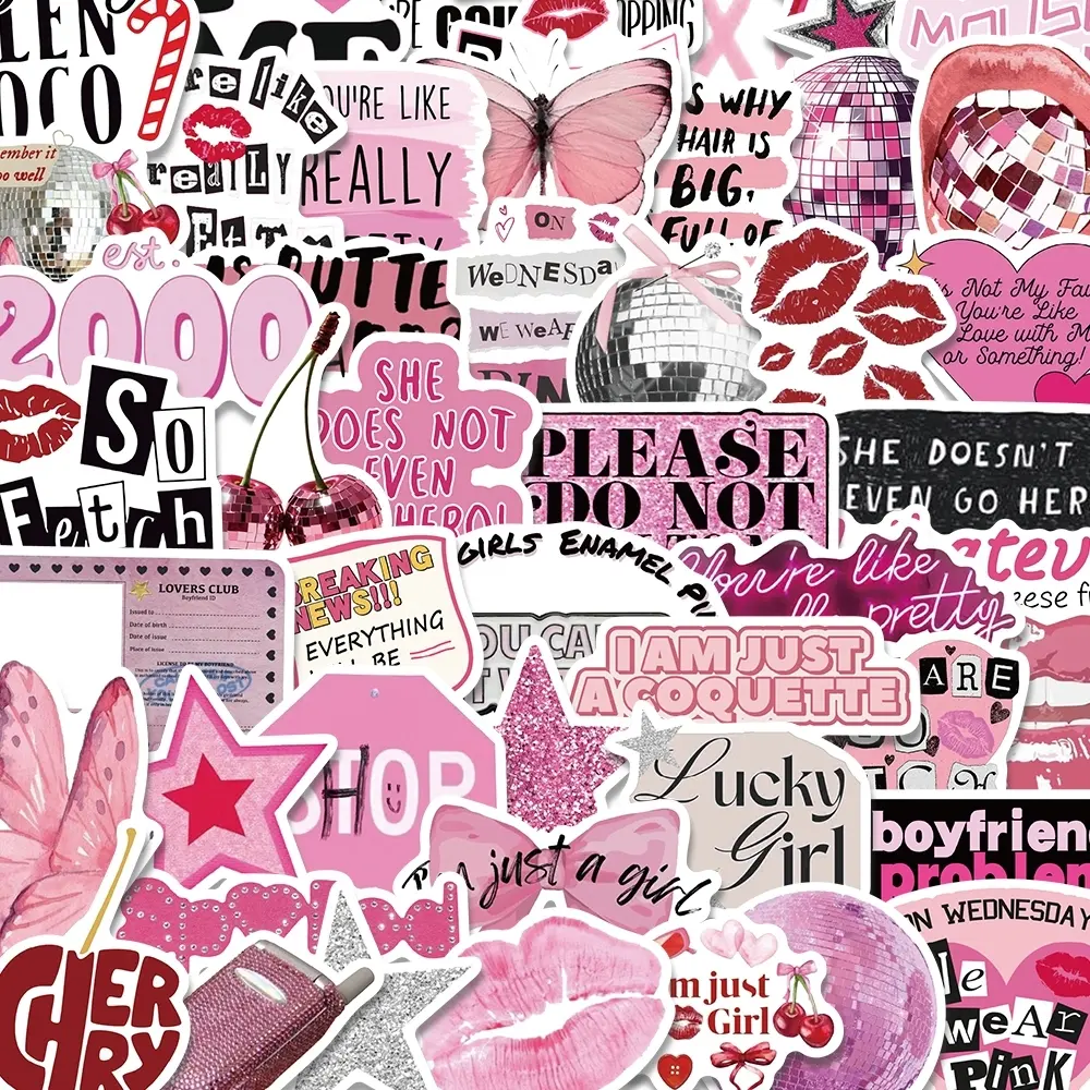 Pink Themed Sticker, 50pcs/set Cute Cartoon Illustration Stickers, DIY Decorative Sticker for Phone Case, Cellphone, Smartphone, Computer, Guitar, Bag, Water Cup, Scrapbook, Screen Protector, Dance Stickers