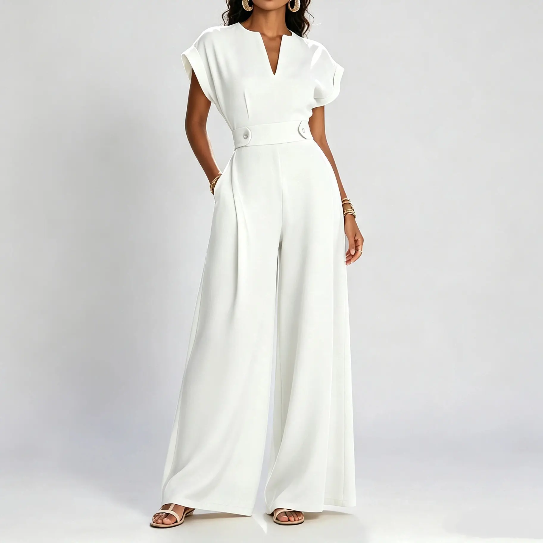 Women's V-Neck Cap Sleeve High-Waist Belted White Wide-Leg Jumpsuit, Elegant 1-Piece Outfit With Pockets