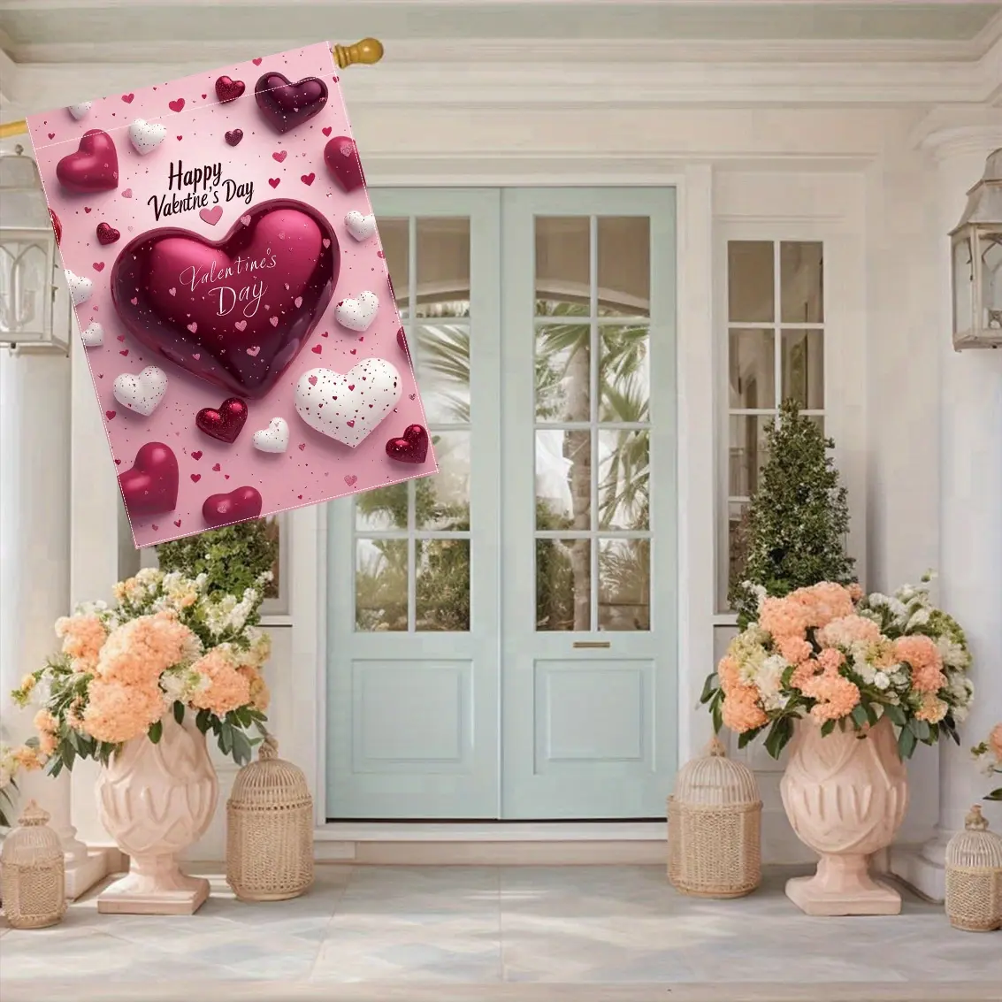Valentine's Day Double-Sided Polyester Garden Flag - Love Heart Print, Faux Flower Design, No-Electricity Outdoor Banner for Lawn and Home Fence