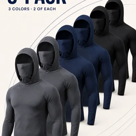 Men's Slim-Fitting Long Hooded Solid Pullover Hoodie Work Shirts - Lightweight Polyester All-Seasons Casual Tops with Built-in Face Mask, Sun Protection for Construction (6 Pack)