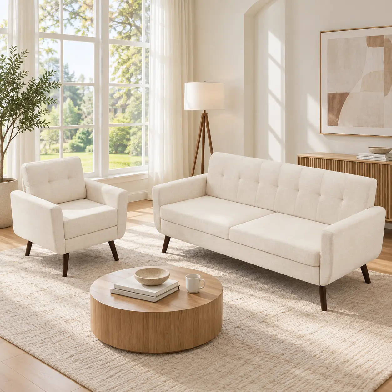 Tbfit Midcentury Modern 2-Piece Compact Beige Linen Sofa Set - Sturdy Button-Tufted Comfy Couch & Accent Chair, 4-Solid Wood Legs, Supportive Sitting, Pocket Spring Seat, Ideal for Small Spaces, Living Room Decor