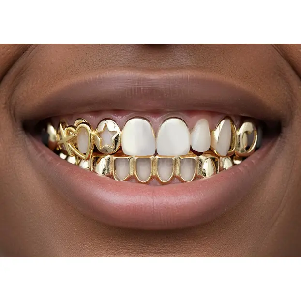 14K Gold Plated Open Face Heart & Star Caps + Lower 6 Grillz 3pc Set