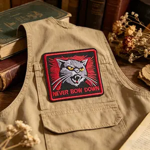Never Bow Down Fierce Cat Embroidery Patch, Adhesive Iron-On, Suitable for Clothes, Jackets, Hats, Accessories, 1 Piece