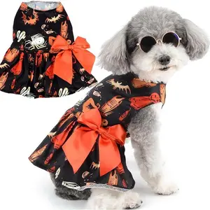 Halloween Dog Dresses for Small Dogs Cats Scary Ghosts Bat Spider Print Puppy Girl Halloween Costumes Fancy Dress Soft Pet Skirt with Bow Knot Chihuahua Yorkie Festival Clothes Outfits