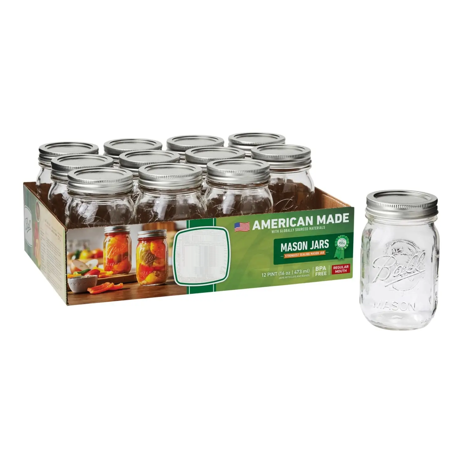 12-Pack 16 oz Regular Mouth Glass Mason Jars with Airtight BPA-Free Lids and Bands - Kitchen Preserving Containers for Canning, Storage