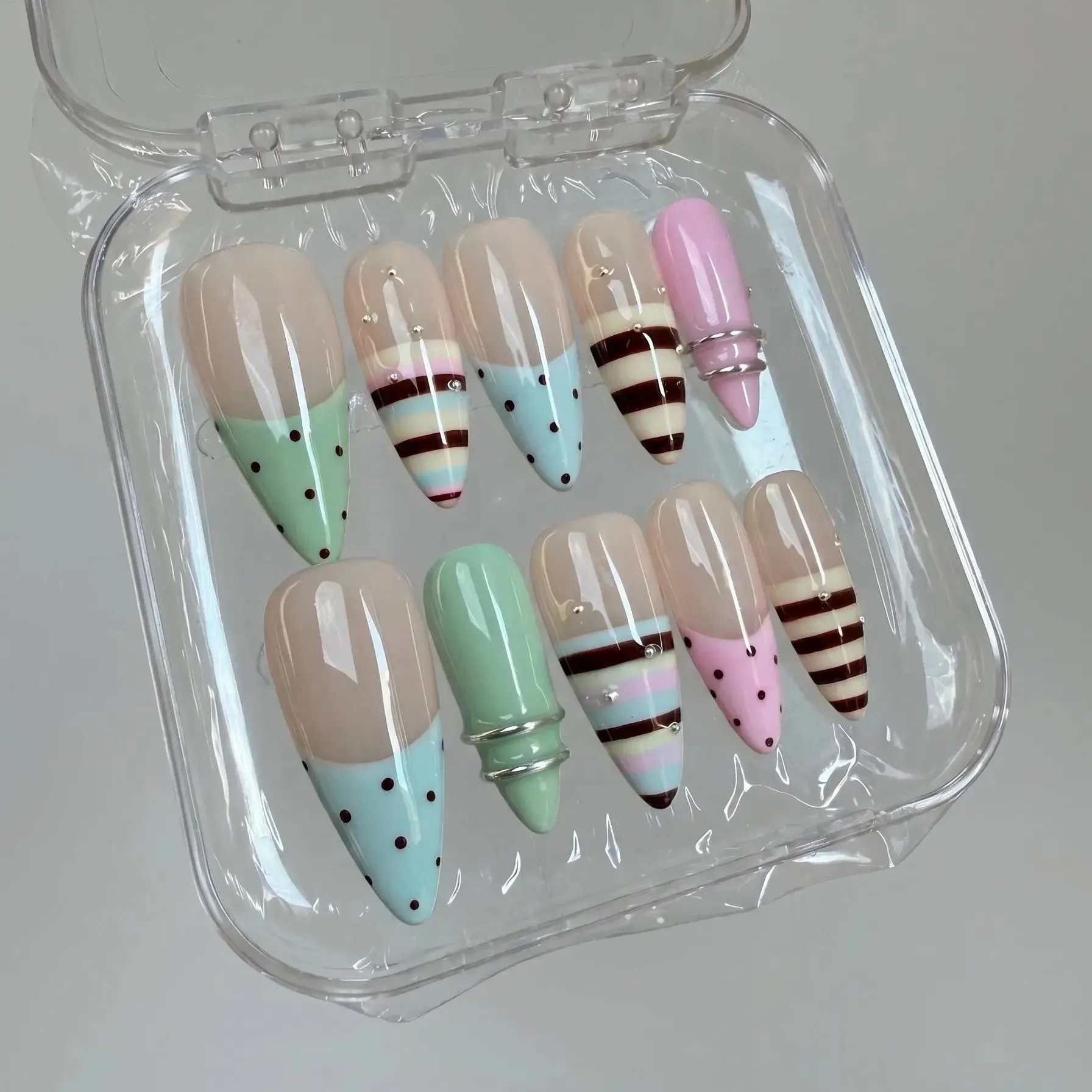 Pastel Candy Press On Nails, Mint Blue Pink Almond Stiletto False Nails with Striped French Tip, Polka Dot 3D Silver Ring Glossy Reusable Nail Tips, Handmade Y2K Coquette Nail Set Gift