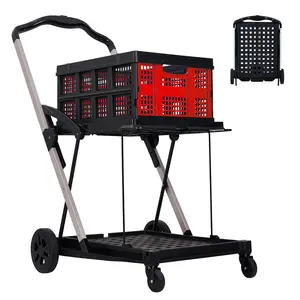 [FLASH SALE] Garvee 2-Tier Portable Utility Shopping Cart Waterproof Basket Liner Foldable Lightweight Aluminum Frame 360° Wheels Locks for Groceries Laundry