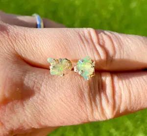 Ethiopian Opal Raw Natural Earrings in Prong Stud Setting - Sterling Silver