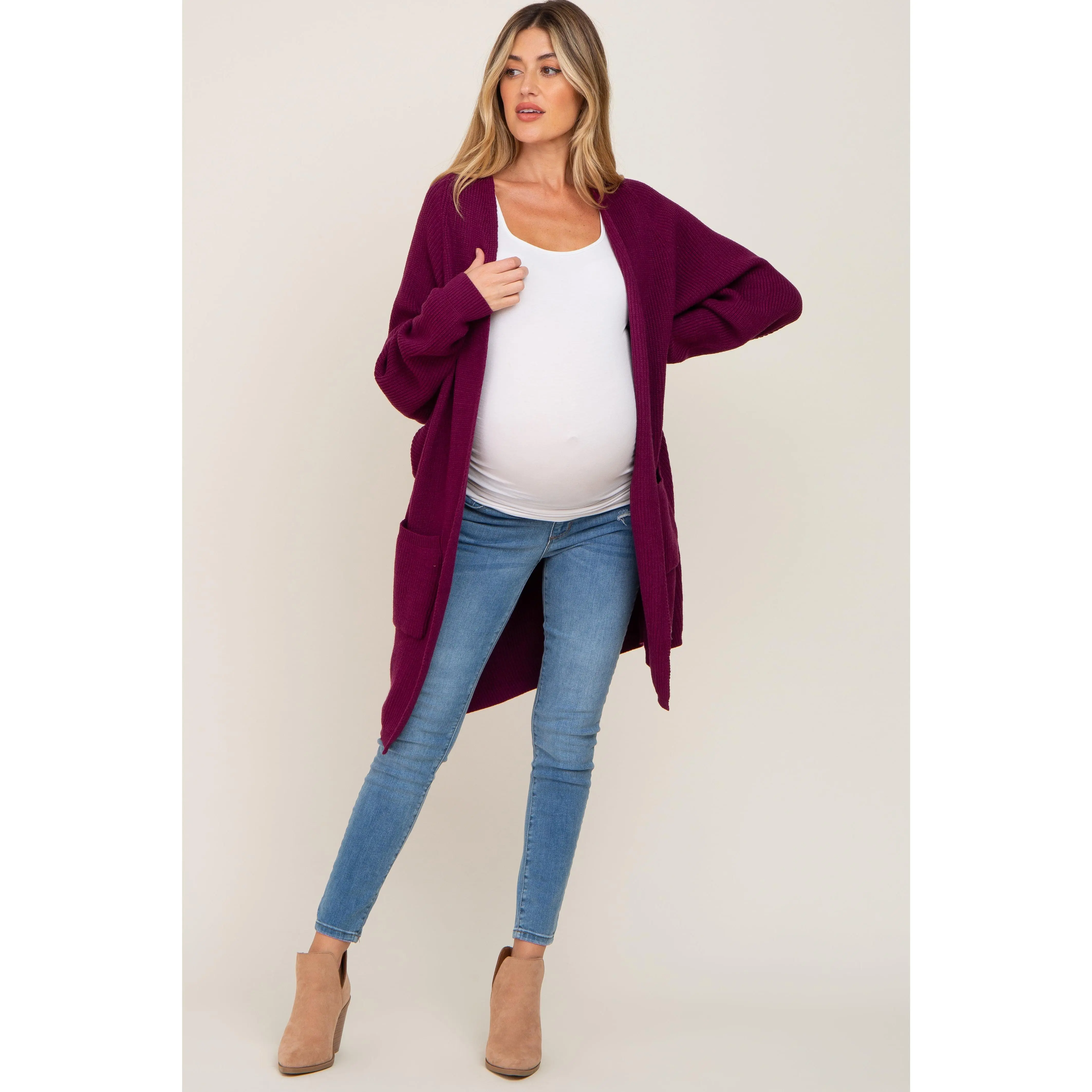 Plum Pocketed Knit Maternity Cardigan