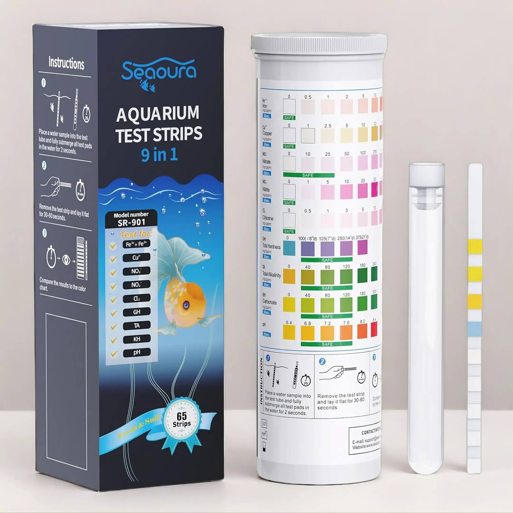 Seaoura 9-in-1 Portable Aquarium Water Quality Detector (135 Counts) – Multi-Index Test, Quick Reading, Moisture-Proof Sealed Pack with Test Tube, Prevents Fish Health Issues for Freshwater, Saltwater Tank Supplies