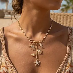 Boho Ocean Charm Necklace For Women Crystal Zircon Starfish Crab Seahorse Pendant Cuban Chain Safety Pin Necklaces Beach Jewelry