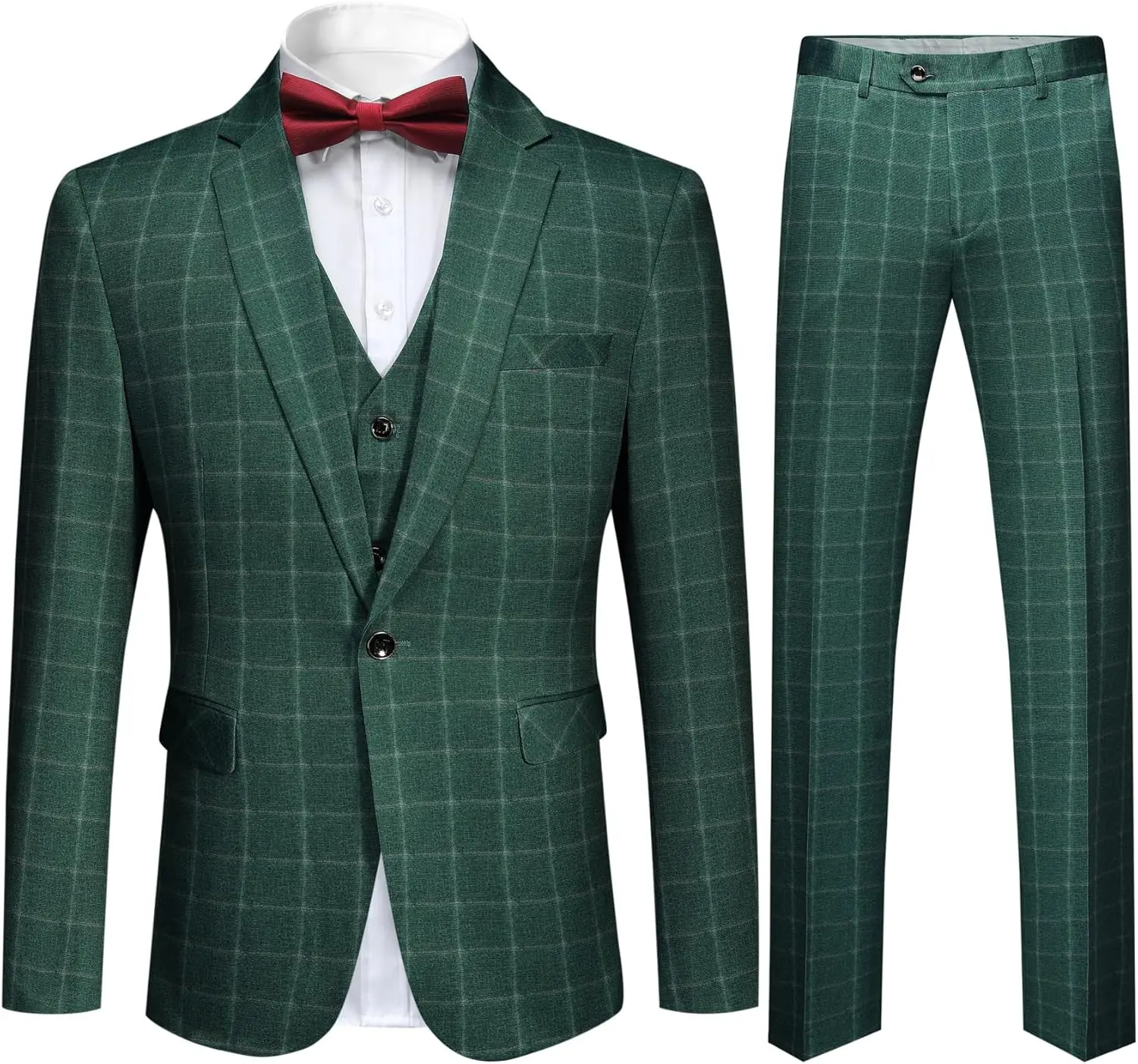 Men's 3-Piece Checked Suit Set, Modern Fit 1-Button Formal Blazer with Vest and Pants for Weddings and Casual Wear