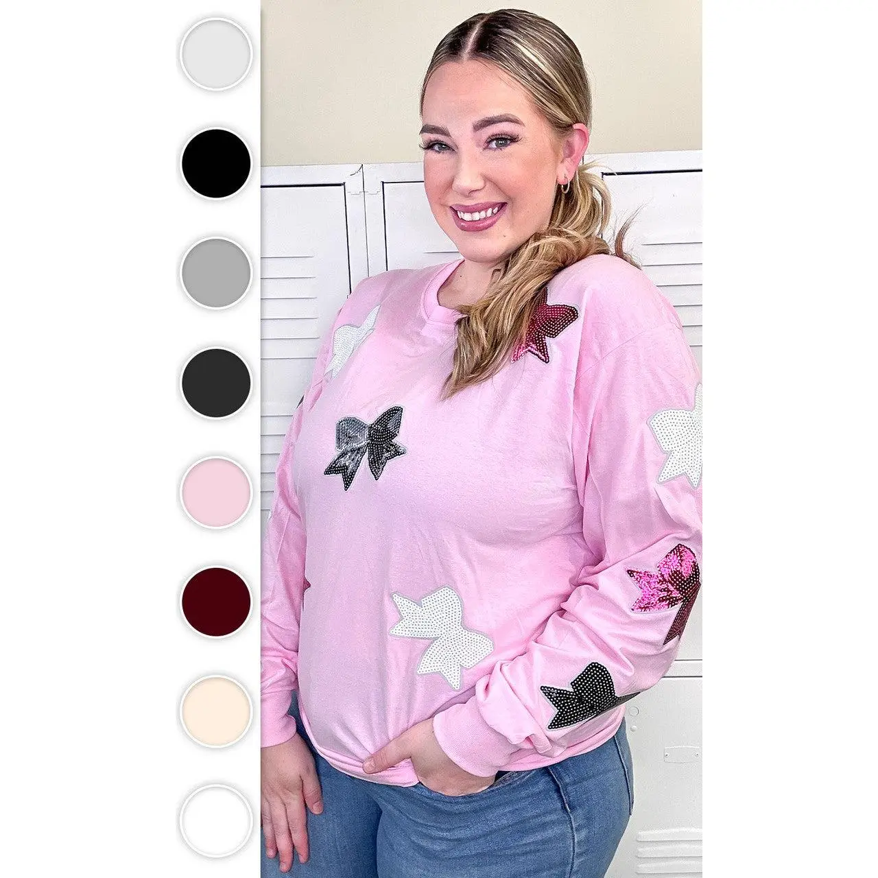 Tees2urdoor Women's Sparkle Sequin Bow Long Sleeve T-Shirt, a Casual Lightweight Cotton Garment with a Roomy Fit, Lady, Thanksgiving, Romance, Easter, Valentines Day, Bow Graphics, Sequin Patch, Longsleeves, Top