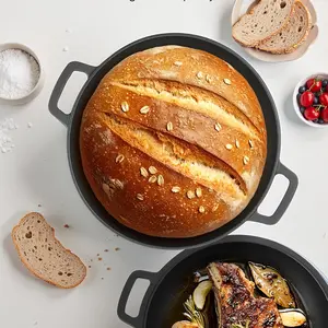 2 in 1 Pre-Seasoned, Cast Iron Dutch Oven Pot with Skillet Lid Cooking Pan, 5 Quart Deep Pot with Silicone Handle Covers, Scraper and Iron Stand, Cast Iron Skillet Cookware Pan Set with Dual Handles Indoor Outdoor for Bread, Baking, Camping, BBQ