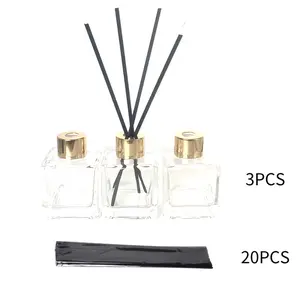3 Pack Aromatherapy Diffuser Square Flameless Essential Oil Glass Dispenser Black Silver Gold Lids Multi-functional Decoration Gift Vase For Bathroom Use With 20 Black Diffuser Sticks