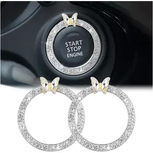 New Upgrade 2PCS Bling Car Engine Start Stop Decoration Ring, Crystal Rhinestone Auto Push Start Button Ignition Ring Sticker, Vehicle Decor Accessories for Women Girls, Universal for Vehicles (Purple)