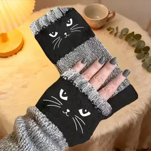 ltra Warm Knit Fingerless Gloves for Women - Adorable Cat Pattern Texting Gloves (1 Pair)