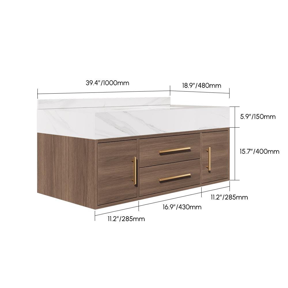 Homary 39.4" Bathroom Vanity with Sink-Modern Bathroom Floating Vanity with Sintered Stone Countertop and 2 Drawers 2 Storage Cabinets, Undercounter Ceramic Sink, Walnut