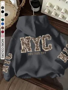 Women's Casual Vintage Nyc Leopard Print Hoodie with Pockets, Long Sleeve Loose Fit Warm Fleece Pullover, Fashionable All-Season Sportswear Sweatshirts, Hoodie Clothing Tops, Womenswear