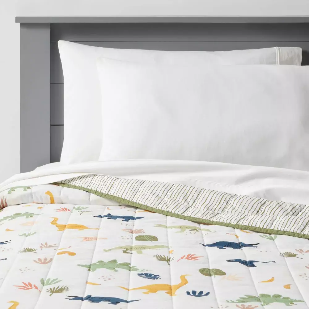 Full/Queen Dinosaur Poly Cotton Reversible Kids' Quilt - Pillowfort: Boys Bedding Lightweight OEKO-TEX Certified