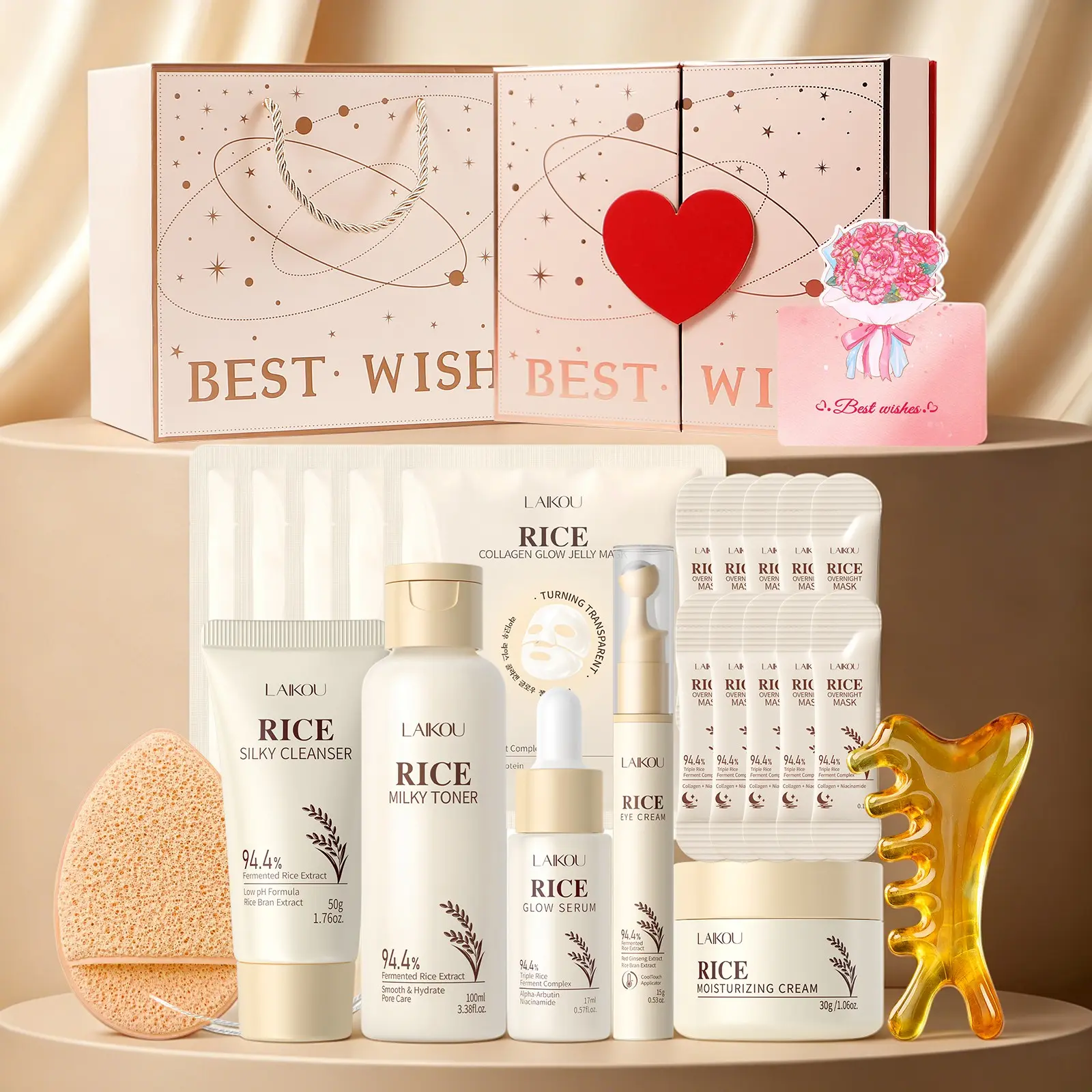 LAIKOU Rice Glow Skincare Set, Glow Kit, Face Care Kit | Jelly Mask, Eye Cream, Serum, Toner, Cream, Sleeping Mask & Cleanser | Hydrate, Nourish & Improve Dull Skin, Brightening & Youthful Radiant Skin, Best Gift For Mother’s Day Gift Or Holiday Gift