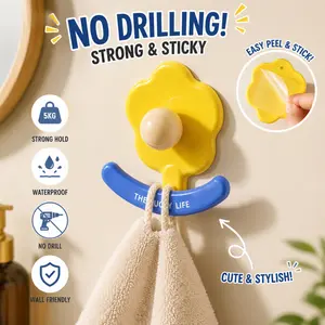Cute flower towel rack hook, no-drill self-adhesive wall hook, suitable for bathroom, kitchen, shower, towel, bath ball, brush storage