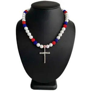 Iced Disco Ball Crystal Bead Pearl Baseball Necklace w/ Cross Baseball Bat Cross Crucifix Pendant