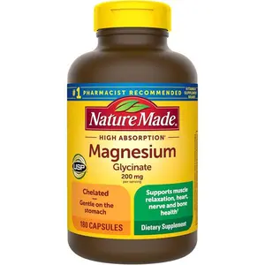 Nature Made Magnesium Glycinate 200 mg per serving, Magnesium Supplement for Muscle, Heart, Nerve and Bone Support, 180 Magnesium Bisglycinate Capsules, 90 Day Supply