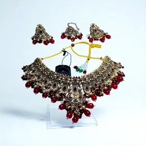 Women’s Bridal Choker Necklace Set with Earrings & Tikka – Gold Plated Traditional Jewelry with Red Beads – Wedding & Party Wear
