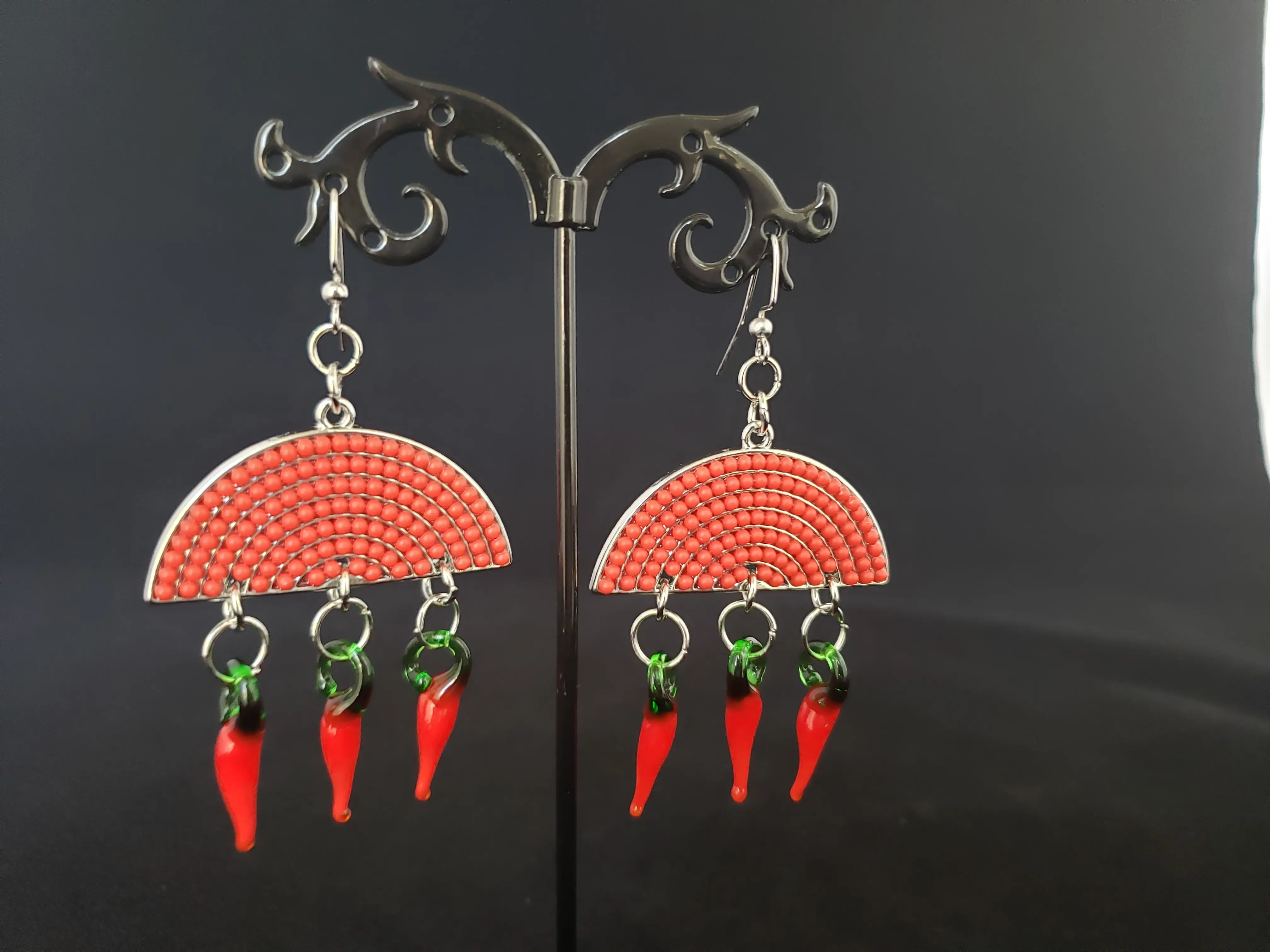 Red Glass Chili Earring - 1" Red Chili with Red Seed Bead Half Circle Design 2 1/2" Long Silver Color Setting with Ear Wire Included