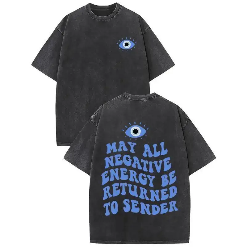 Evil Eye May All Negative Energy Be Returned To Sender T-Shirt | Retro Blue Evil Eye Graphic Tee | Vintage Acid Wash Nazar Print Shirt | Evil Eye Protection Gift for Women | Unisex Streetwear Casual Top