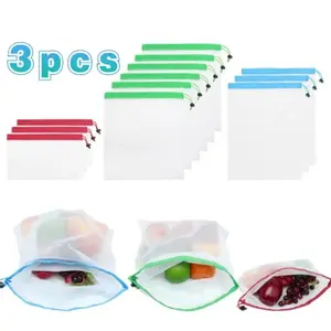 3pcs/set random color beam spliced fruit mesh bag, reusable mesh agricultural product bag, washable fruit and vegetable storage bag