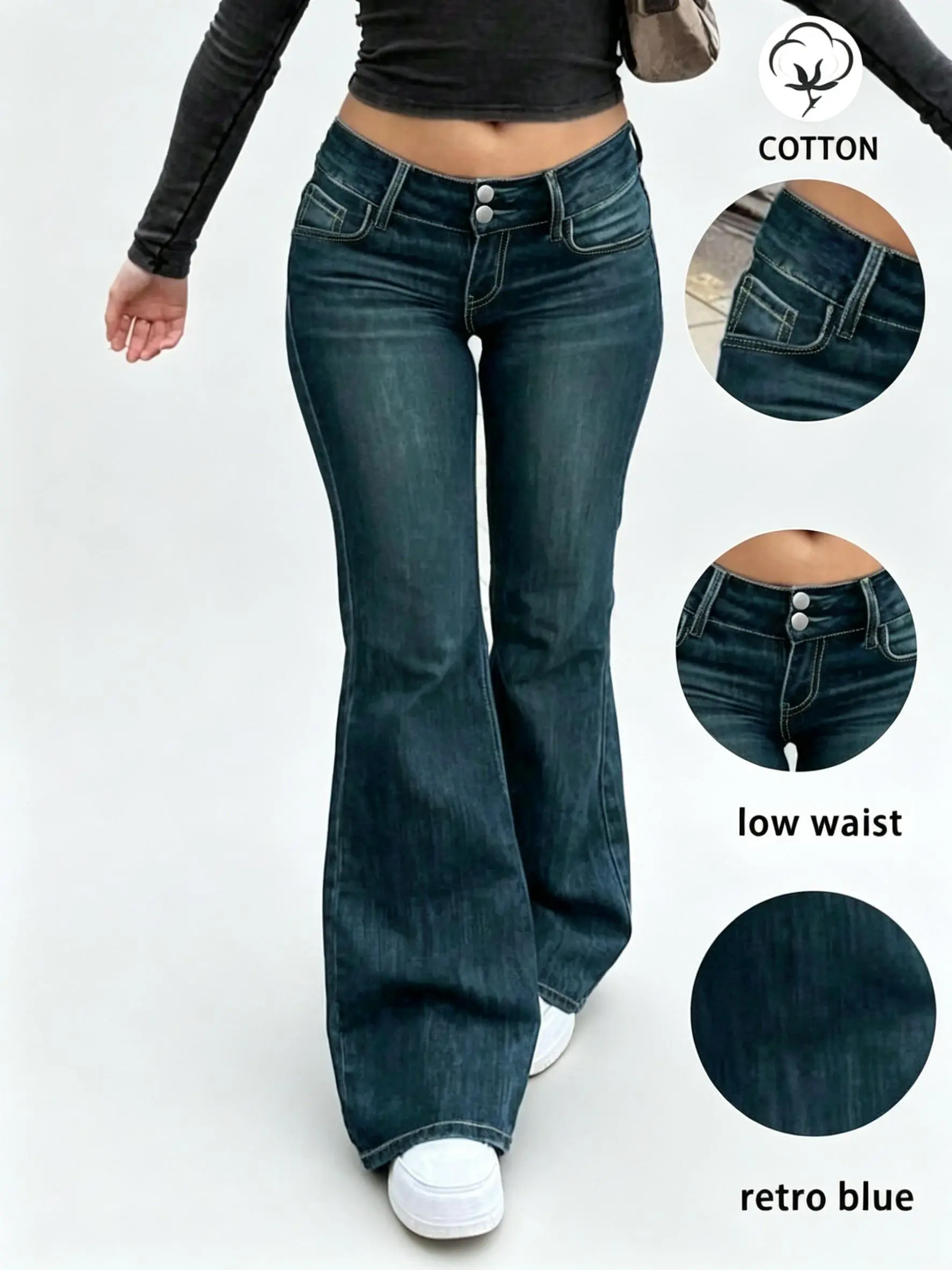 Double Button Low Rise Flap Rivet Pocket Gradient Full Length Flare Jeans