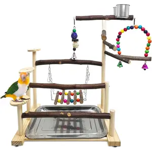 Wood Bird Playground Parrot Play Stand Bird Stand with Feeder Cups Birds Perch Stand with Ladder Hanging Swing Chewing Toys Conure Cage Accessories for Parakeet Conure Lovebird Cockatiel