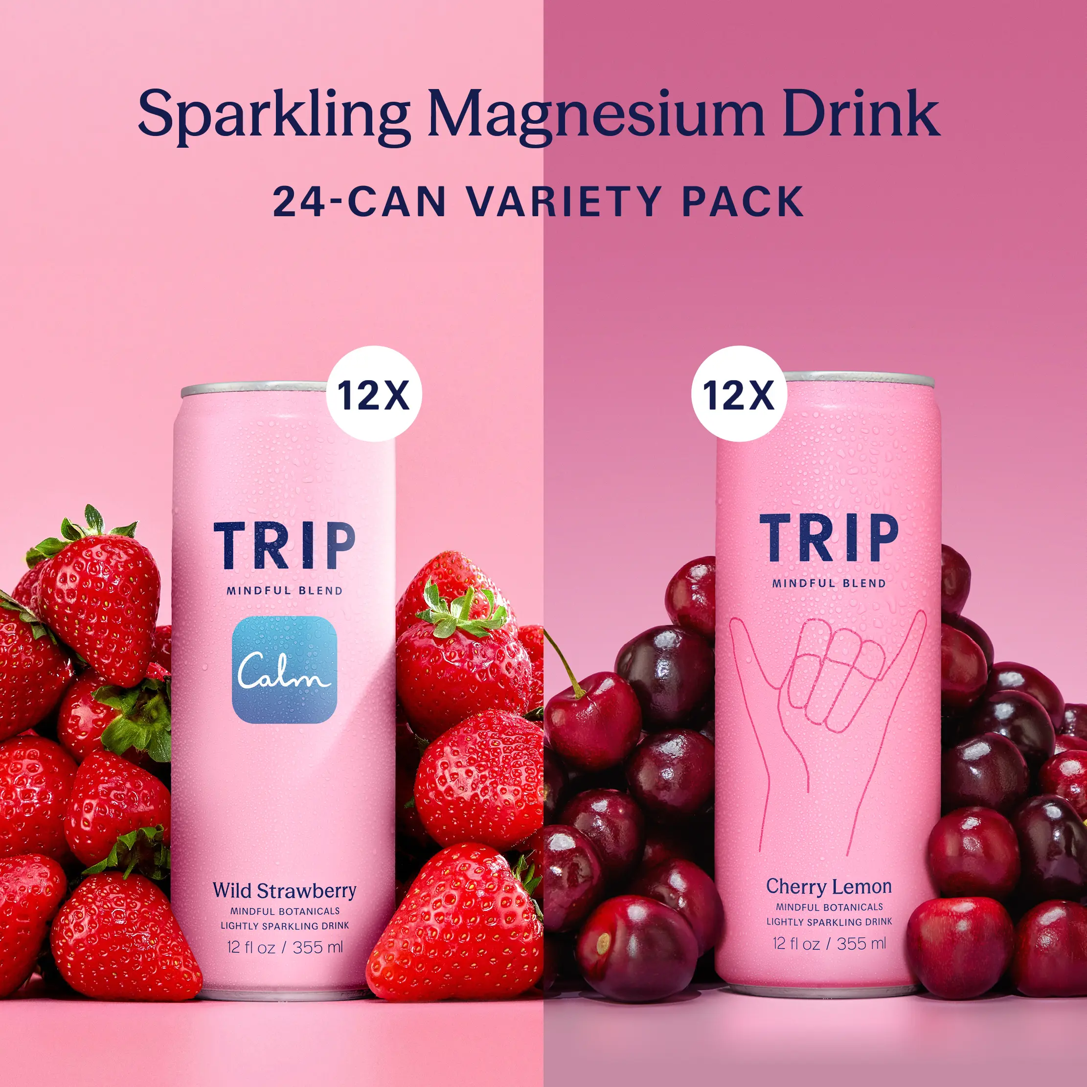 TRIP Magnesium & Adaptogen 24-Pack: Cherry Lemon (Chamomile & Lemon Balm) + Wild Strawberry (Ashwagandha & L-Theanine) – 25 Calories, No Added Sugar, Vegan Lightly Sparkling Drinks