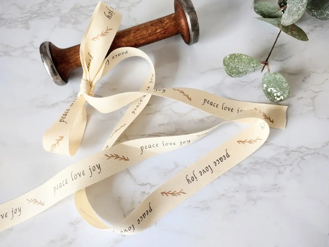 Peace, Love, Joy Printed Cotton Ribbon 3/4” wide By The Yard Crafts, Gifts