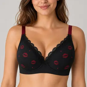 Women's Everyday Wireless Deep-V Bra with Romantic Kiss Print, Womenswear Underwear