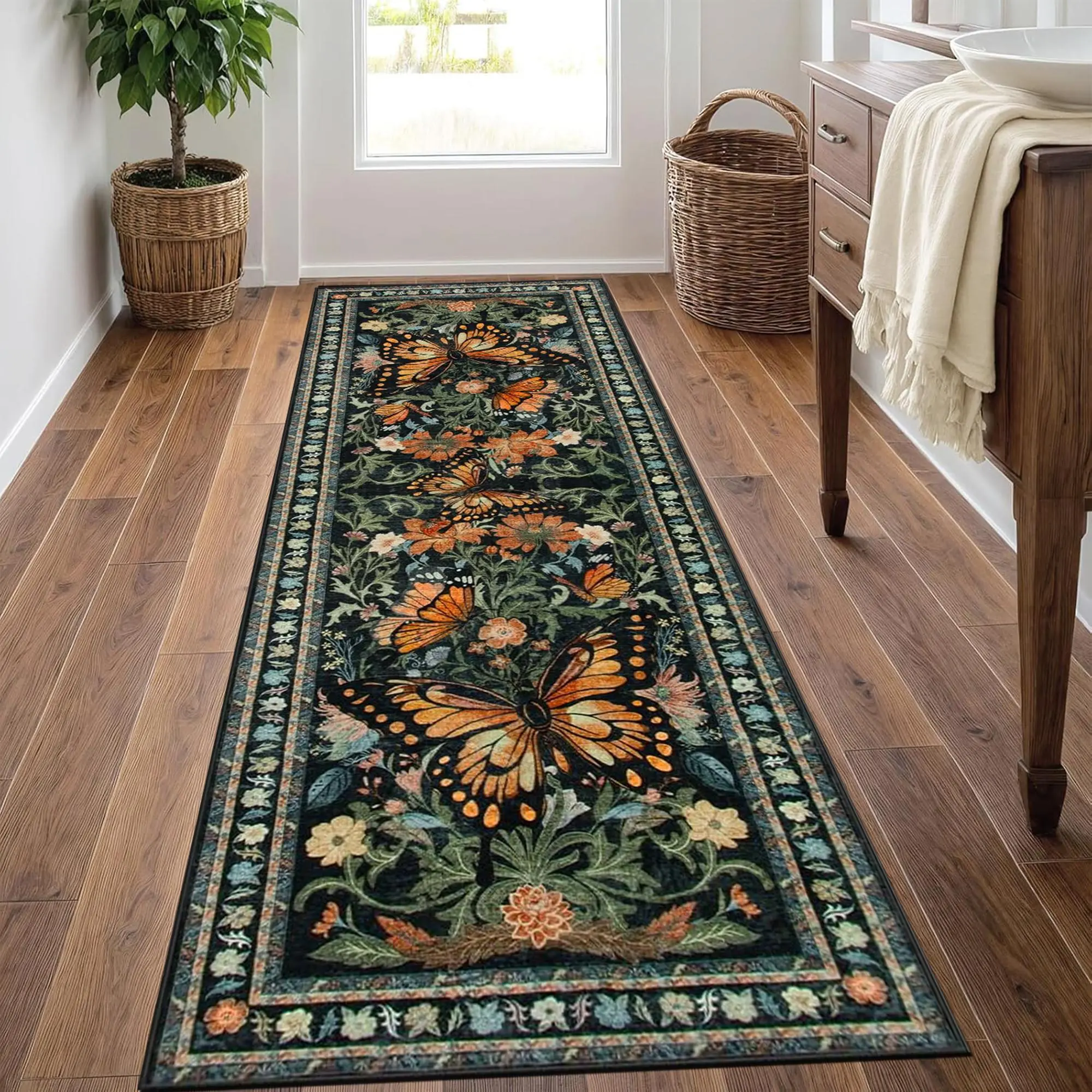 Vintage Butterfly & Flower Pattern Decorative Area Rug, Non-slip Soft Floor Vintage Runner Rug, Decorative Carpet for Home Living Room Bedroom, Vanity Decor Accessories, Vintage Printed Rug, Vintage Design Rug, Flower Pattern Rugs