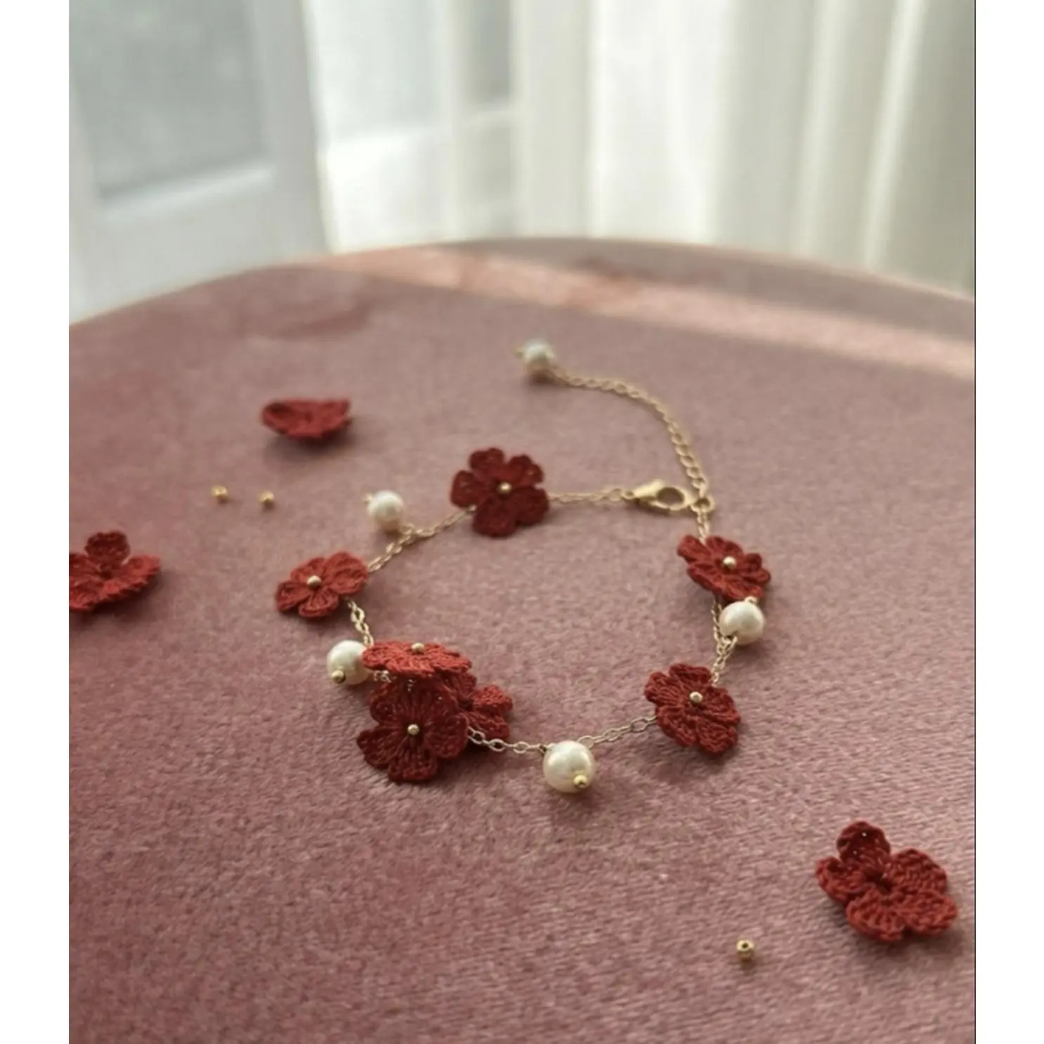 Micro Crochet Red Flower Bracelet with Pearl Accents and Delicate Chain Design