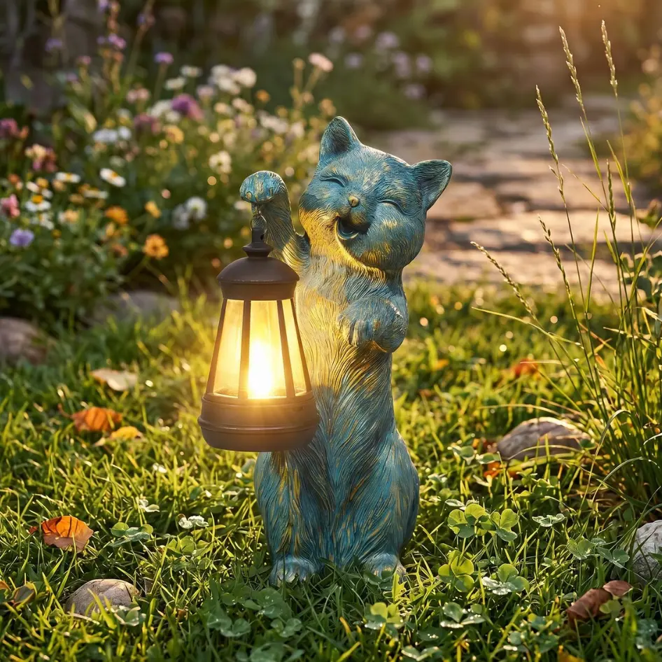 Solar Cat Garden Statue Outdoor Decorative Kitten Lantern Light Waterproof Resin Animal Sculpture Landscape Art Decorative Patio Deck Porch Balcony Ornament Backyard Clearance Pathway Night Lighting Mother Day Gift Pet Lover Birthday Unique Home Decor