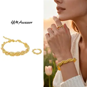YM 18K Gold Plated Twist Bracelet & Ring Set - Retro Elegant Jewelry Gift for Women - Perfect for Vintage-Inspired Looks