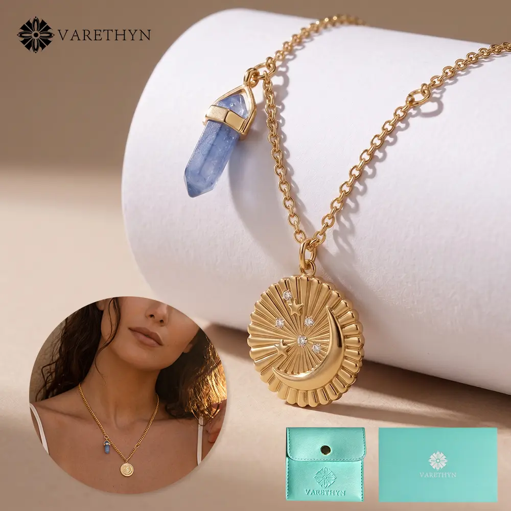 Star and Moon Crystal Pendant Necklace | 14K Gold Plated Celestial Layering Jewelry for Her
