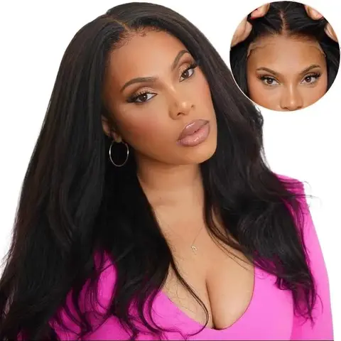 YMSGIRL 28'' Yaki Straight 4x7 Lace Glueless Human Hair Wig, Pre-Bleached, Natural Looking, Effortlessly Easy To Wear, Universally Flattering